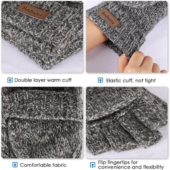 Women's Light Grey Winter Warm Thermal Insulation Fingerless Texting Wool Gloves - Picture 4 of 6